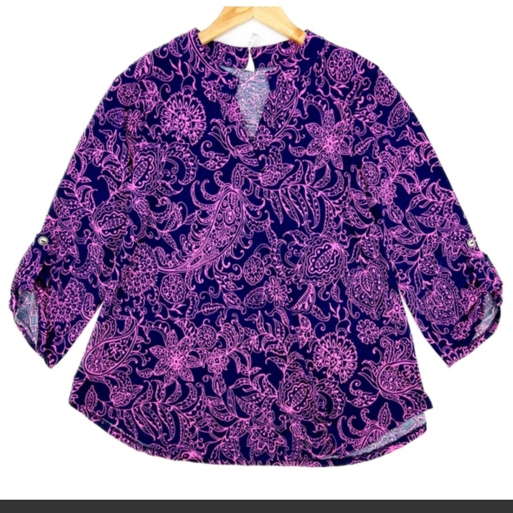 Elegant Paisley Women's Blouse - Pink and Navy